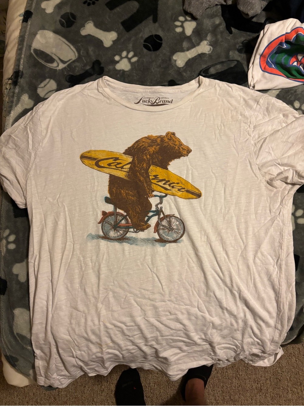 Lucky Brand White Graphic Tee with Brown & Yellow Bear Print